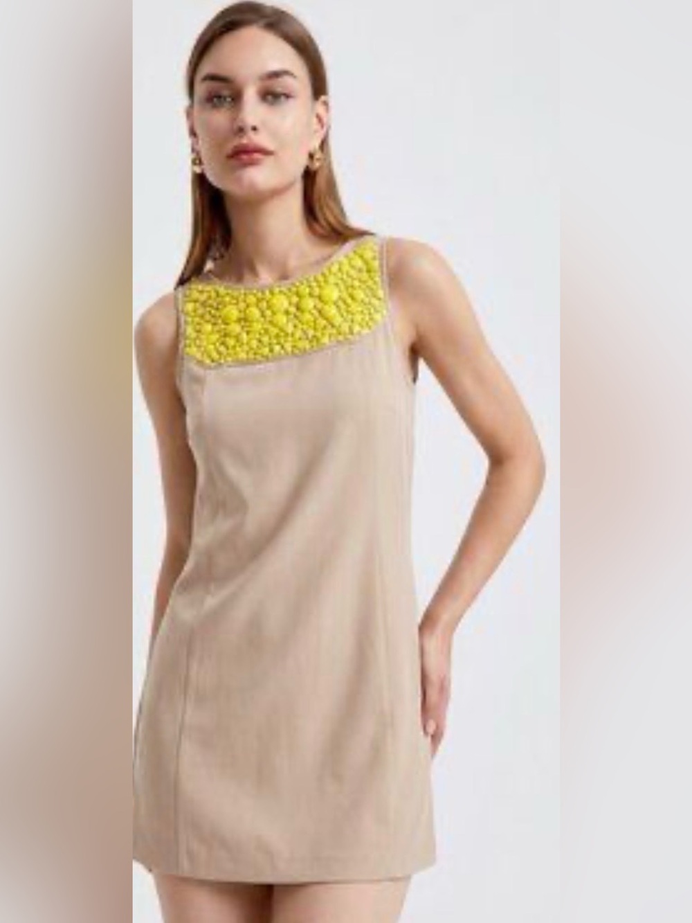 Tibi Cream Sleeveless Shift Dress with Yellow Beaded Yoke size 4 small